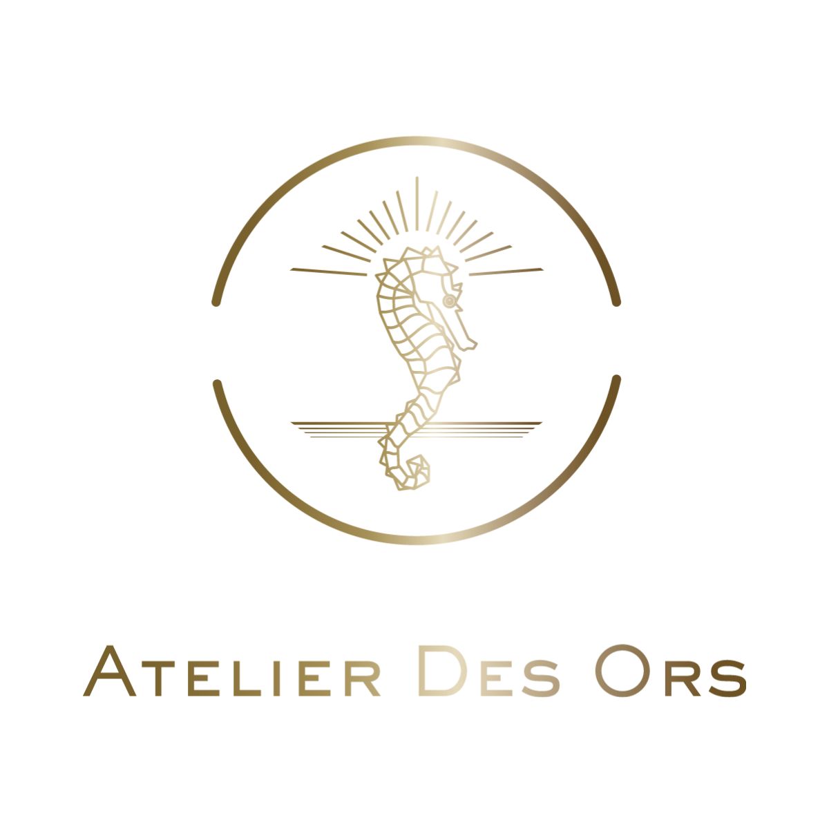 Logotipo Atelier des Ors dourado com cavalo-marinho e nome da maison sobre fundo branco